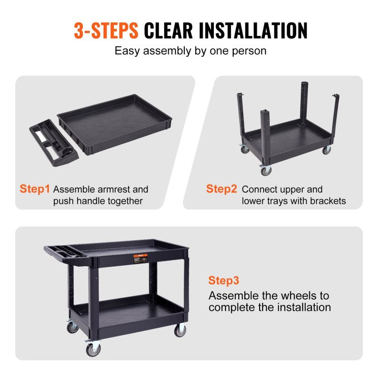 Utility Service Cart, 2 Shelf 550Lbs Heavy Duty Plastic Rolling Utility Cart With 360 Swivel Wheels 2 With Brakes , Large Lipped Shelf, Ergonomic Storage Handle For Warehouse Garage Cleaning