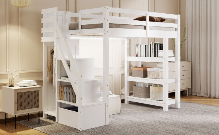 Twin Size Loft Bed With Shelves, Storage Staircase, Small Wardrobe And White Led Light, White