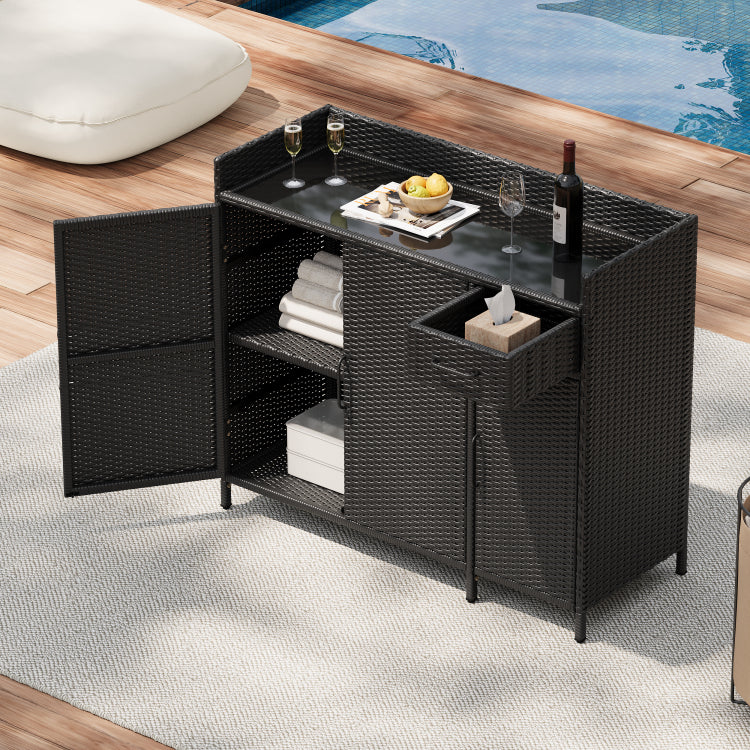 K&K 47.5"W Wicker Outdoor Storage Cabinet With Tempered Glass Desktop, Weather Proof Rattan Bar Table With Three Doors, Adjustable Shelf, And One Drawer, For Outdoor Cushions, Pool Toys , Black
