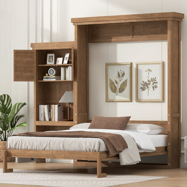 Queen Size Murphy Bed With Multiple Storage Shelves And Louvered Style Decoration, Wood Color