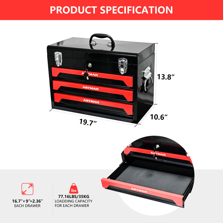 20" Portable 3 Drawer Steel Tool Box With Metal Latch Closure, Black&Red
