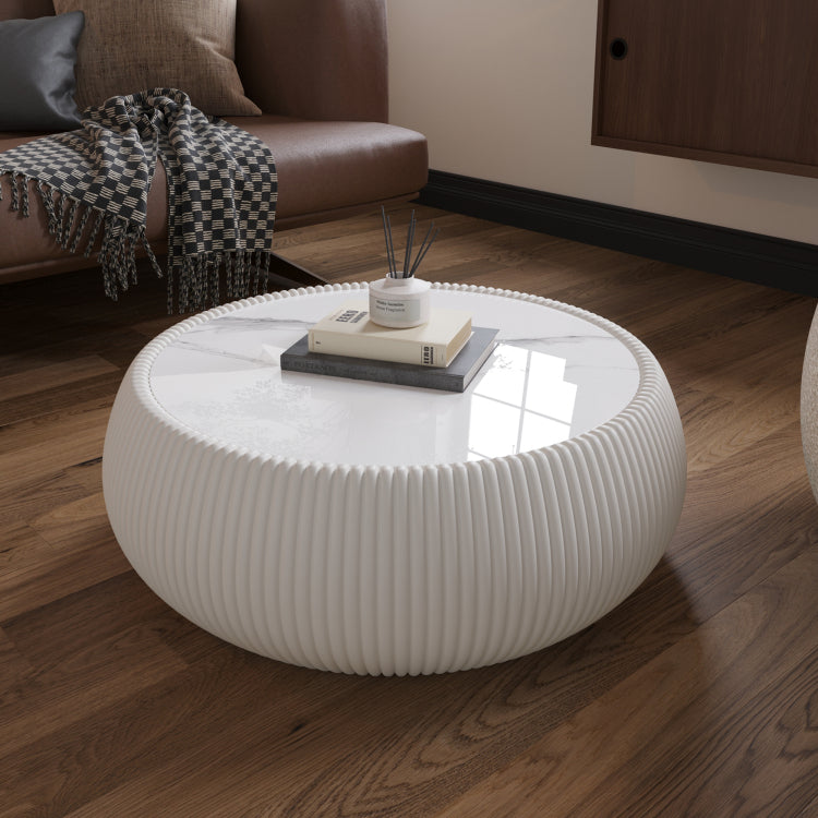 Light Sintered Stone Top Drum Shape Leather Coffee Modern Sofa Table For Living Room Furniture Each Tabletop Has A Unique Grey Pattern