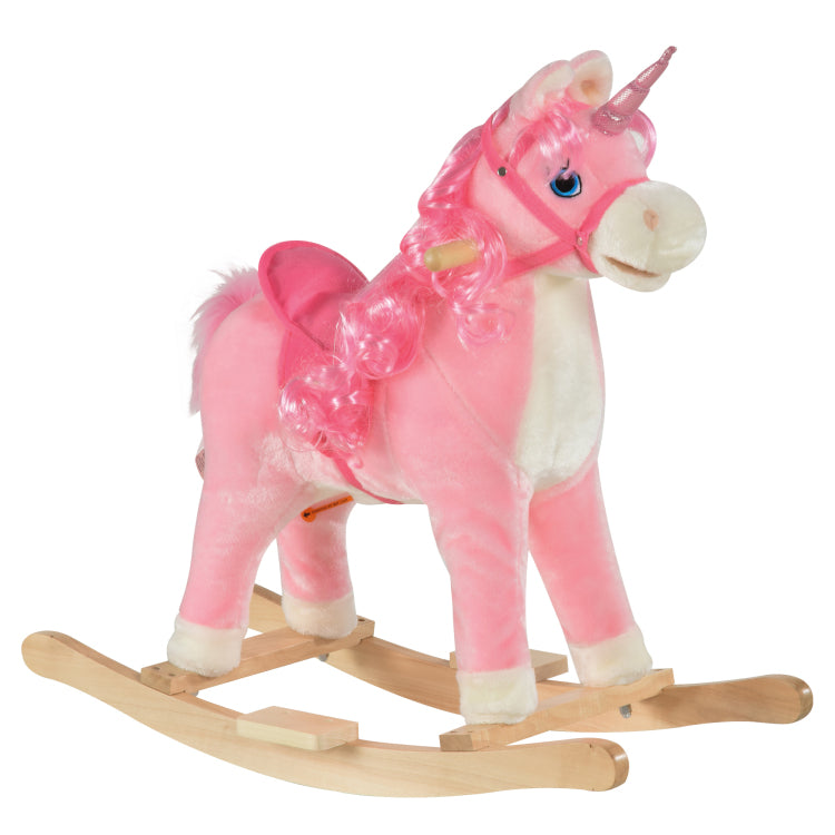 Qaba Rocking Horse, Kids Ride On Horse Unicorn Design With Wooden Base, Tail Wag & Sounds For Toddlers 3 6 Years Old, Pink