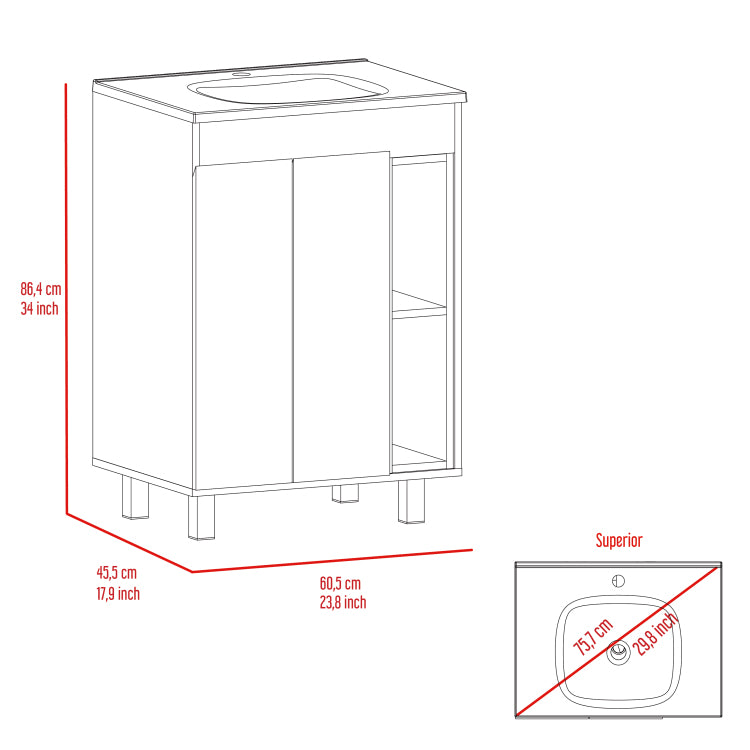 Palmer 24" Free Standing Vanity Cabinet, One Cabinet With Division, Two Small Shelves