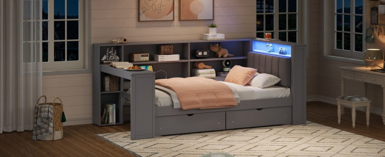 Wood Twin Size Platform Bed With Storage Shelves, Drawers, Charging Station, Led, Desk And Upholstered Headboard, Grey Grey Cushion