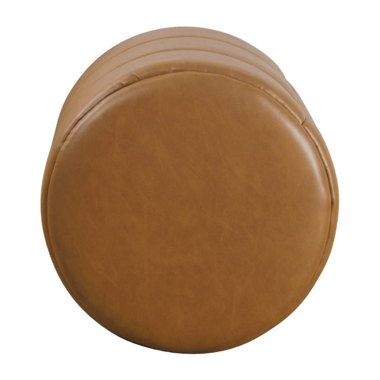 Sem Round Accent Ottoman, Brown Channel Tufted Faux Leather 18 Inch