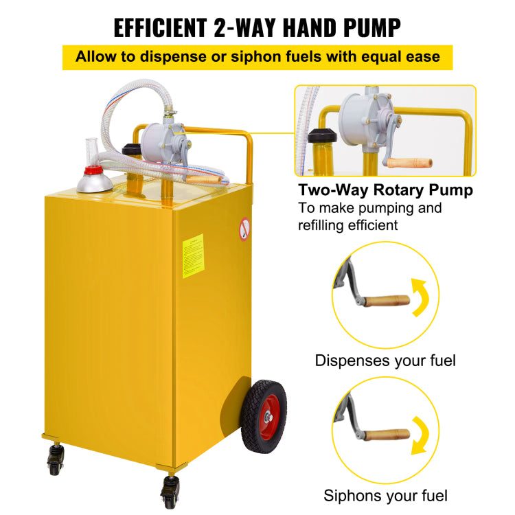 30 Gallon Fuel Caddy, Gas Storage Tank & 4 Wheels, With Manuel Transfer Pump, Gasoline Diesel Fuel Container For Cars, Lawn Mowers, Atvs, Boats, More, Yellow