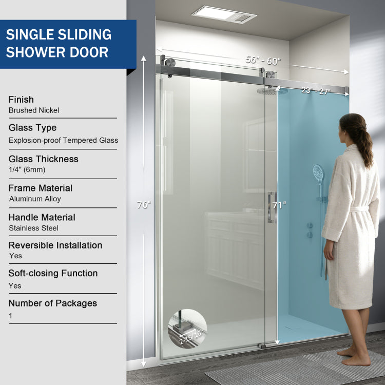 56" 60" W X 76" H Frameless Soft Closing Single Sliding Shower Door, 1 4" 6Mm Tempered Glass With Explosion Proof Film Via Express Delivery, Brushed Nickel Cm 24D01 60Bnx