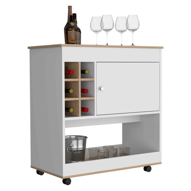 Lotus Bar Cart, Six Bottle Cubbies, One Cabinet, Four Casters, Light Oak White