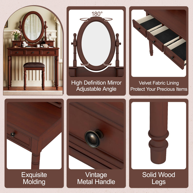 Vanity Desk With Adjustable Angle Mirror, Vintage Vanity Makeup Table And Cushioned Stool Set With Velvet Fabric Lining 5 Drawers,Wooden Dressing Table Set For Bedroom, Walnut