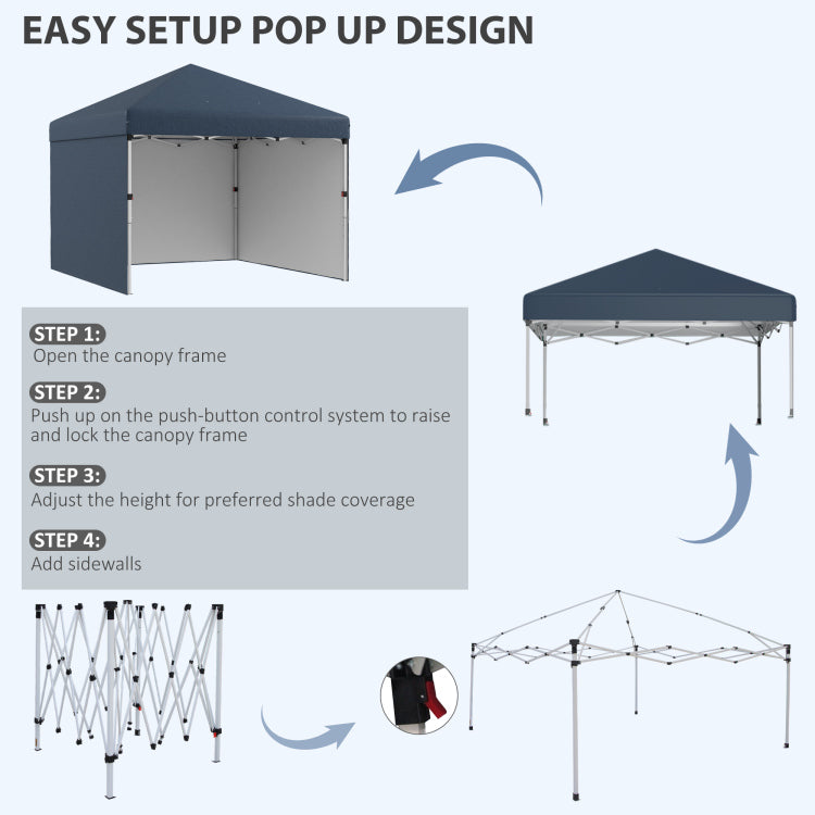 Outsunny 10' X 10' Pop Up Canopy Tent With 3 Sidewalls, Leg Weight Bags And Carry Bag, Height Adjustable, Instant Party Tent Event Shelter Gazebo For Garden, Patio, Navy Blue