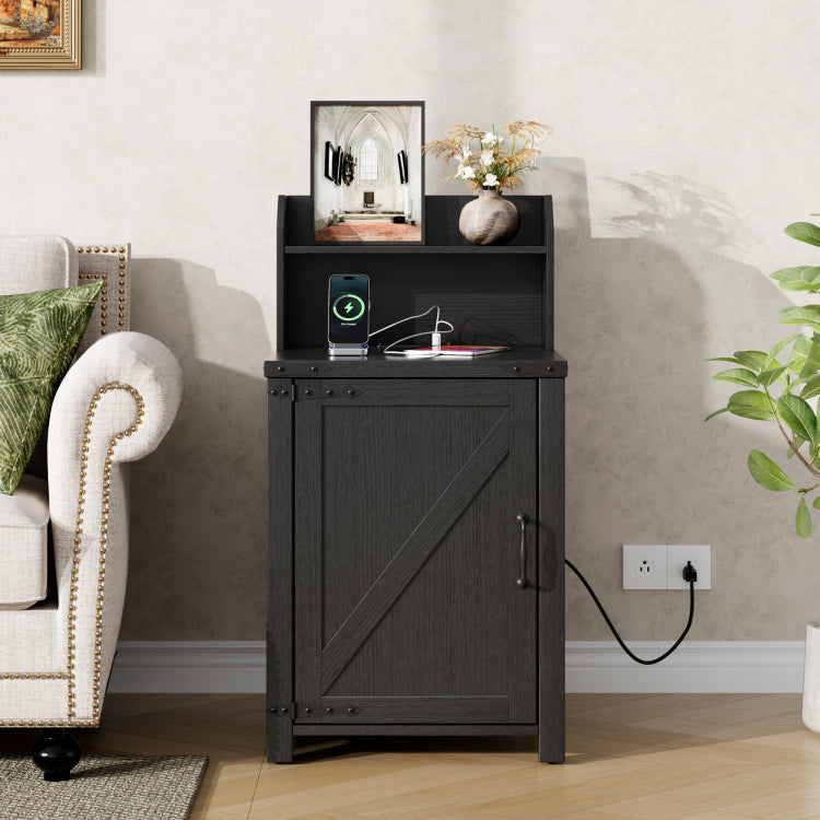 Okd Nightstand With Charging Station, 18 Inch Farmhouse End Table With Barn Door And Adjustable Storage Shelf, Rustic Wood Sofa Side Table W Magnetic Door For Living Room, Bedroom, Antique Black
