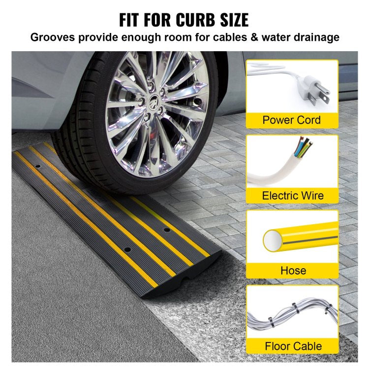Rubber Curb Ramp For Driveway 1 Pack, 15T Heavy Duty Sidewalk Curb Ramp, 2.6" Rise Height Cable Cover Curbside Bridge Ramp For Garage For Low Cars, Wheelchairs