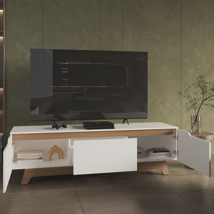 Woodall Tv Stand, Two Doors Modern Entertainment Center, Open Shelves And Cable Management, White Natural Oak