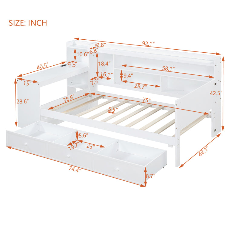 Twin Size Wooden Daybed With 3 Drawers, Usb Ports And Desk , White