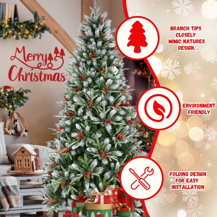 4Ft Christmas Tree With 747 Tips, Red Berries & Pine Cones Snow Dusted Pe Pvc Branches, Hinged Design For Easy Setup, Sturdy Metal Stand Full, Natural Holiday Tree Decoration