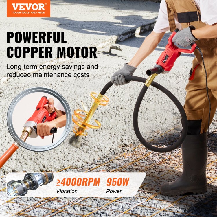 Handheld Concrete Vibrator, 950W Electric Vibrator 13000 Vpm, Electric Concrete Vibrating Tool With 6.6Ft 2M Shaft Rod, Portable Pencil Cement Vibrator Remove Air Bubble And Mix Concrete