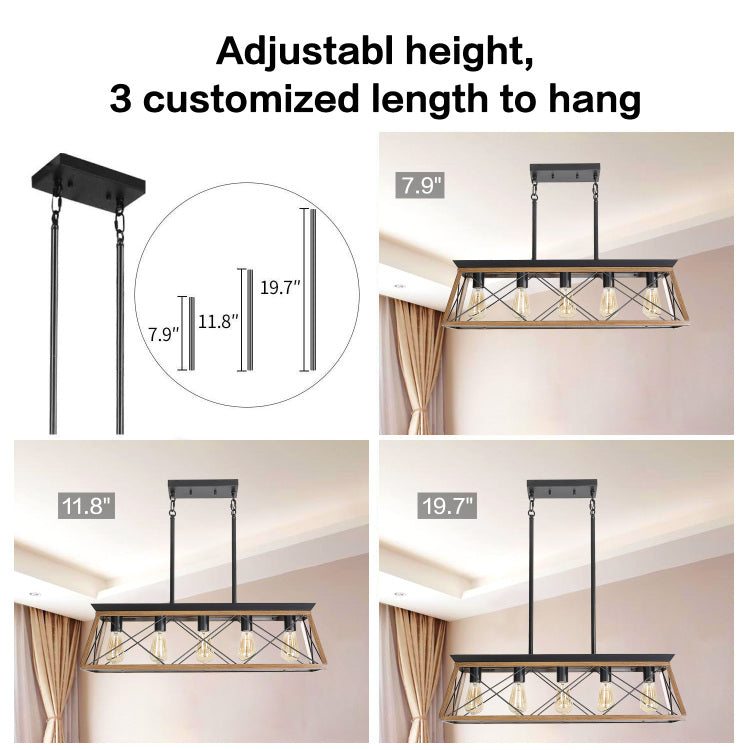32" Walnut Industrial 5 Light Pendant Chandelier, Modern Metal Cage Design, Adjustable Hanging Light For Dining Room, Kitchen, Living Room No Bulbs