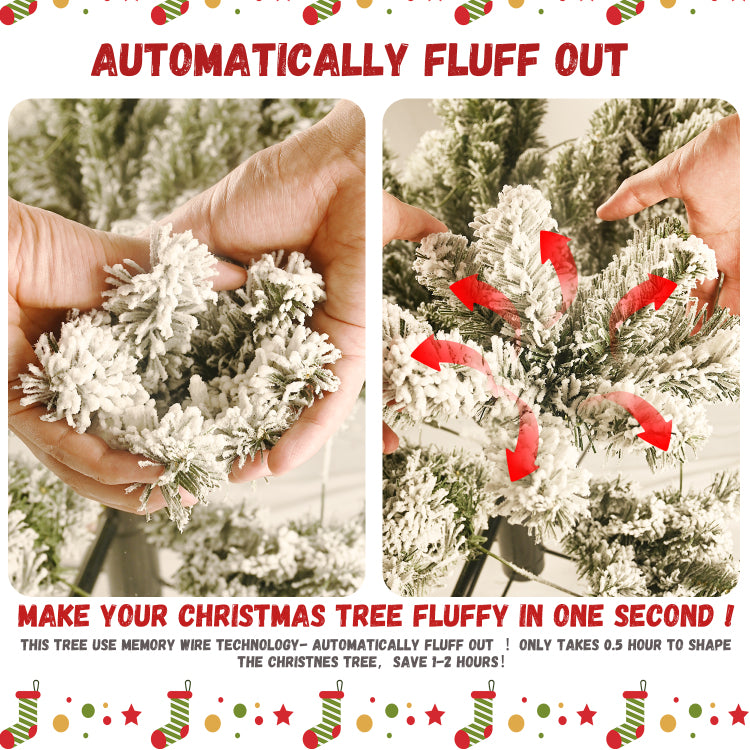 7.5Ft Flocked Christmas Tree With 400L Colorful Led Lights With G45 Ball, Realistic Pe Pvc Hard Needle Hinged Tree With Memory Wire, 10 Lighting Modes, Foot Switch & Stable Metal Stand