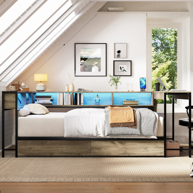 Corner Bed Frame Twin Size With Bookcase And 2 Underbed Storage Drawers, Modern Twin Bed With Led Light And Charging Station, Grey