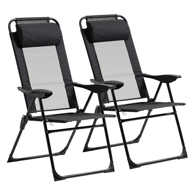 Outsunny Folding Patio Chairs Set Of 2, Outdoor Deck Chair With Adjustable Sling Back, Camping Chair With Removable Headrest For Garden, Backyard, Lawn, Black