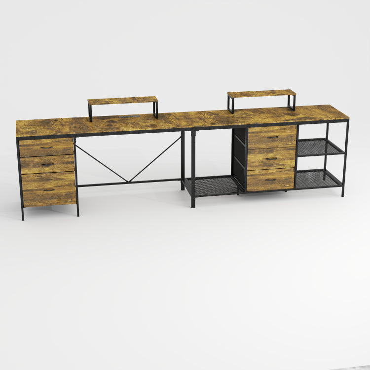 114" L Shaped Desk With Power Hub, Industrial Gaming Desk 6 Drawers, Removable Monitor Stand, Rustic Brown Home Office