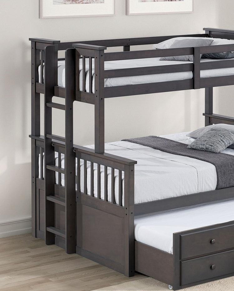 Transitional Twin Over Full Bunk Bed With Ladder And Underbed Drawers, Grey Mix