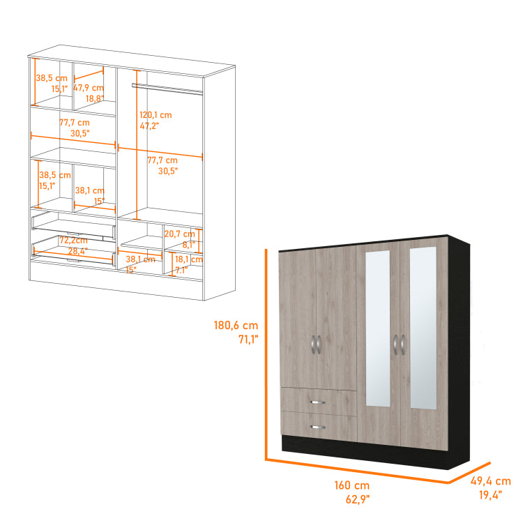 Florencia L Mirrored Armoire, Two Cabinets With Divisions,Black And Light Grey