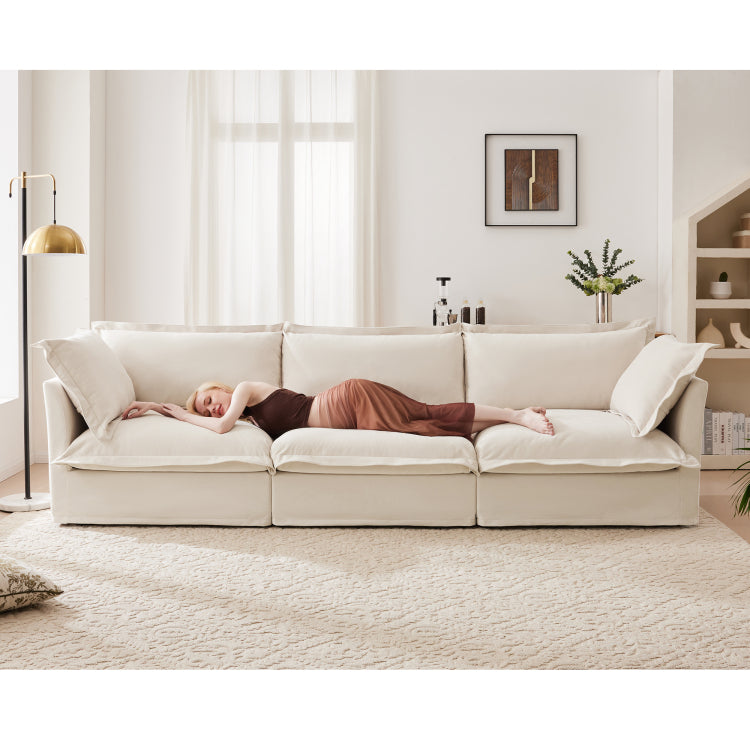 Slipcovered Sofa Couch, Modern 3 Seater Sofa With Suppleness Armrests, Chenille Fleece Deep Seat Sofa With Soft Multiple Big Pillows, Comfy Couch For Living Room, Apartment,Chenille Fabric, Cream