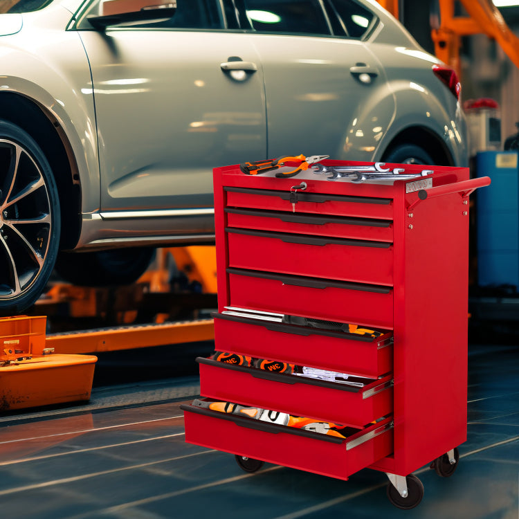 7 Drawer Rolling Tool Chest Cabinet, Large Capacity Metal Tool Box With Wheels And Cylinder Locking, Roll Around Storage Organizer Tool Cart For Garage, Warehouse, Work Shop Red