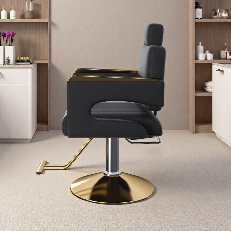 Professional Hydraulic Barber Chair 360 Swivel With Adjustable Height, Stainless Steel Armrests & Reclining Backrest For Salon & Barber Shop Black Gold Single Pack