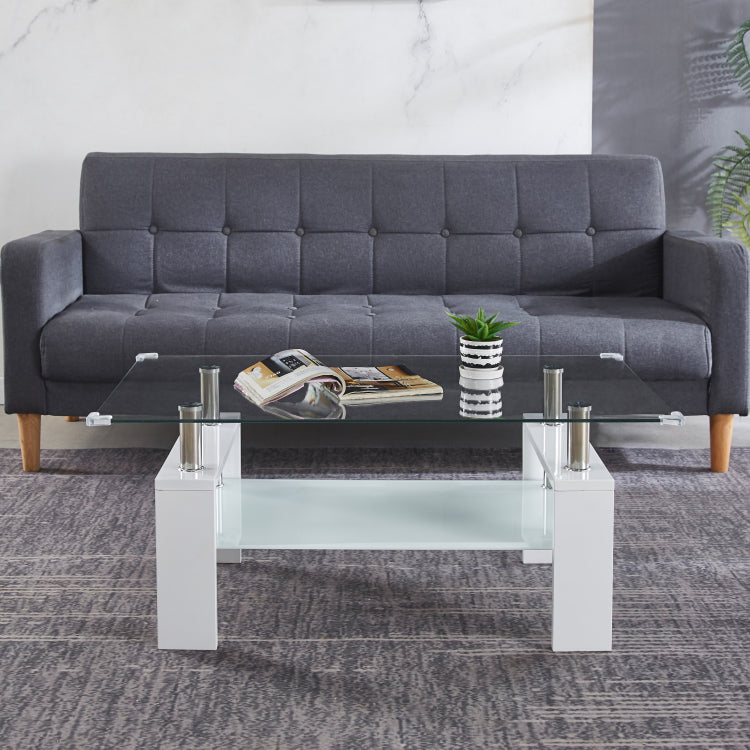 Artisan Center Coffee Table, Tempered Glass Top Stainless Steel Legs For Living Room, White