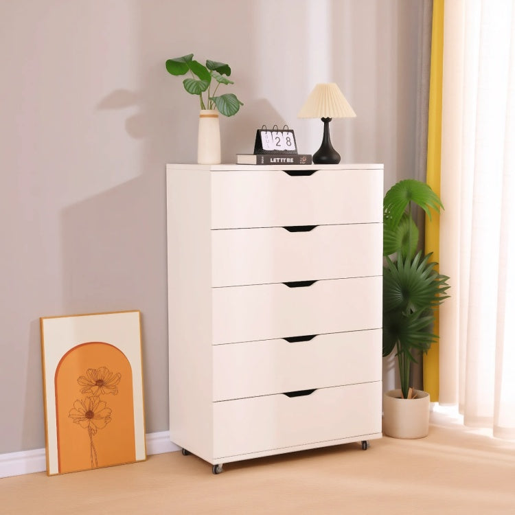 White 5 Drawer Dresser With Wheels Modern Storage Cabinet