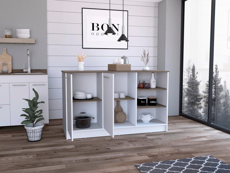 Kitchen Island Two Cabinets, Three Open Shelves, White Dark Brown
