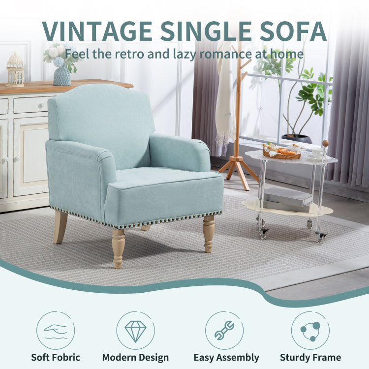 Modern Accent Chair With Retro Wooden Legs & Nailhead Trim, Small Fabric Club Chair, Comfy Upholstered Armchair Lounge Chair For Bedroom Living Room Single Sofa,Holds 300Lbs Sage