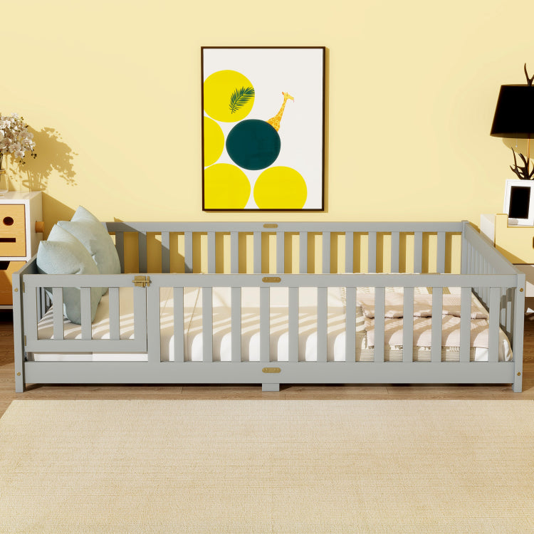 Full Size Floor Bed With Fence And Door,Rubber Wood Floor Bed With Safety Guardrails,Grey