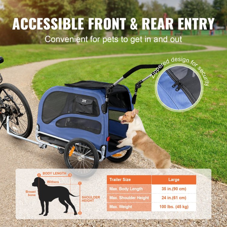 Dog Bike Trailer, Supports Up To 100 Lbs, 2 In 1 Pet Stroller Cart Bicycle Carrier, Easy Folding Cart Frame With Quick Release Wheels, Universal Bicycle Coupler, Reflectors, Flag, Blue Black