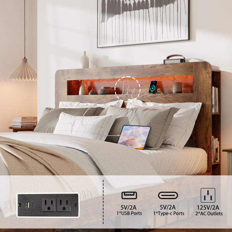 Bed Frame Queen Size, Wood Platform Bed Frame With Storage Led Light Headboard And 2 Usb , Noise Free,No Box Spring Needed And Easy Assembly Tool,Large Under Bed Storage,Dark Brown