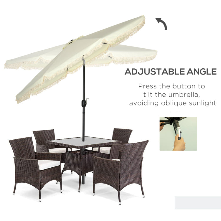 Outsunny 9Ft Patio Umbrella With Push Button Tilt And Crank, Ruffled Outdoor Market Table Umbrella With Tassles And 8 Ribs, For Garden, Deck, Pool, Cream White