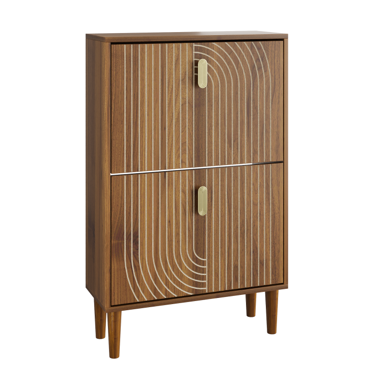Shoe Storage Cabinet With 2 Flip Drawers,Free Standing Shoe Cabinet With Metal Handles For Entryway,Shoe Rack Cabinet With Line Groove Design,23.6"W