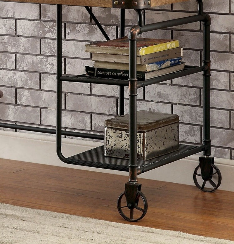 Industrial Inspired Desk With An Antique Black Metal Construction Replicated Wood Top And Caster Wheel Accents
