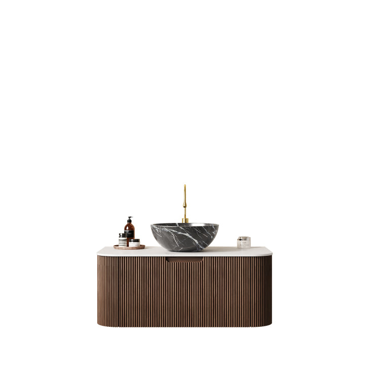 Dina 36" Bathroom Vanity With Sink, Wall Mounted Floating Curved Edges Striped Bathroom Storage Cabinet With Drawer, Black Bowl Ceramic Basin With Stone Pattern, Pre Assembled, Dark Walnut Color