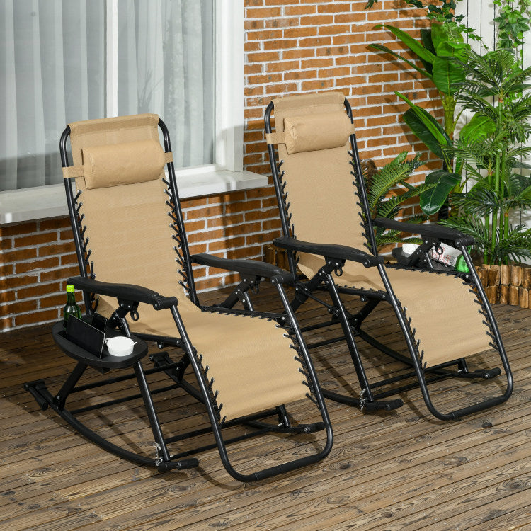 Outsunny 2 Pieces Outdoor Rocking Chairs, Foldable Reclining Zero Gravity Lounge Rocker With Pillow, Cup & Phone Holder, Combo Design With Folding Legs, Beige