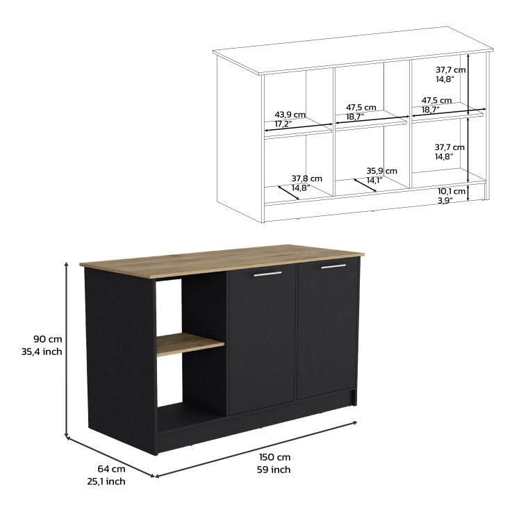 Kitchen Island With Large Countertop, Open Storage Shelves And Double Door Cabinet, Black Macadamia