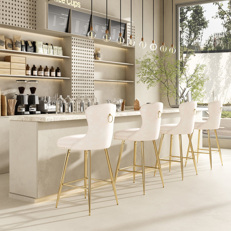 Bar Stools Set Of 2, Velvet Counter Height Bar Stools With Metal Legs, Button Tufted And Nailheads Trim, Wing Back Bar Chairs For Kitchen Island Dining Room Pub, Beige
