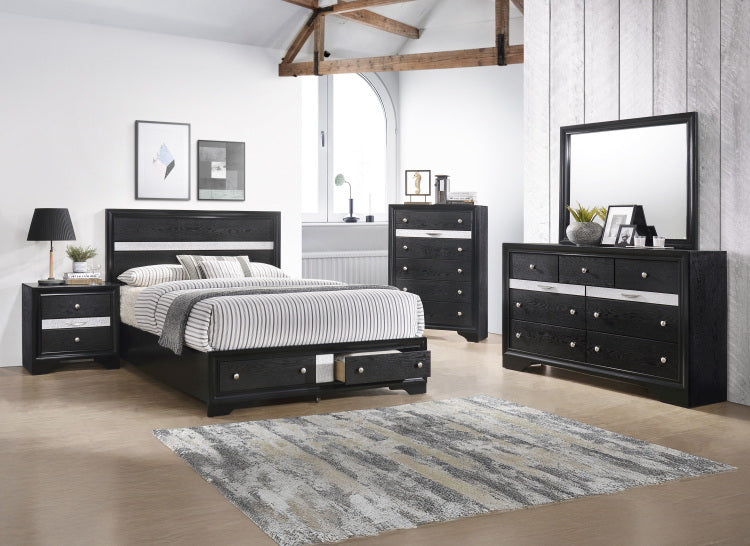 1Pc Queen Platform Bed Storage Drawers Shimmering Silver Accent Black Silver Finish Solid Wood