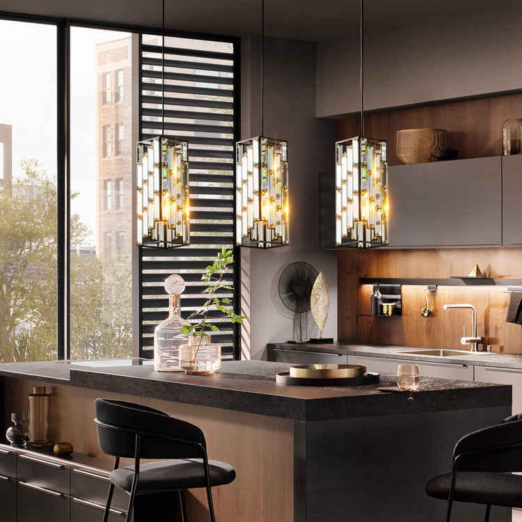 4" Modern Crystal Pendant Light 3 Pack, Adjustable Hanging Ceiling Lamp With Crystal Prism Design For Dining Room, Kitchen Island, And Living Room Black Finish