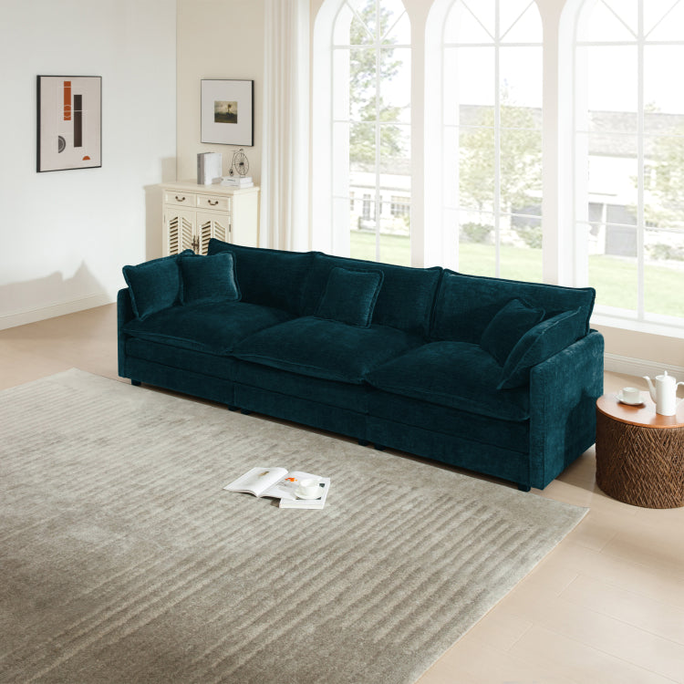 Mid Century Modern Couch 3 Seater Sofa With 2 Armrest Pillows And 3 Toss Pillows, Couch For Living Room Blue Chenille