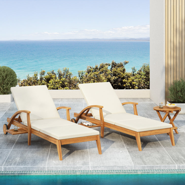 Chaise Lounge With Wheel Acacia Wood Recliner For Patio Garden, With 2Inch White Cushion, 4 Position Adjustable Backrest, Versatile Outdoor Furniture