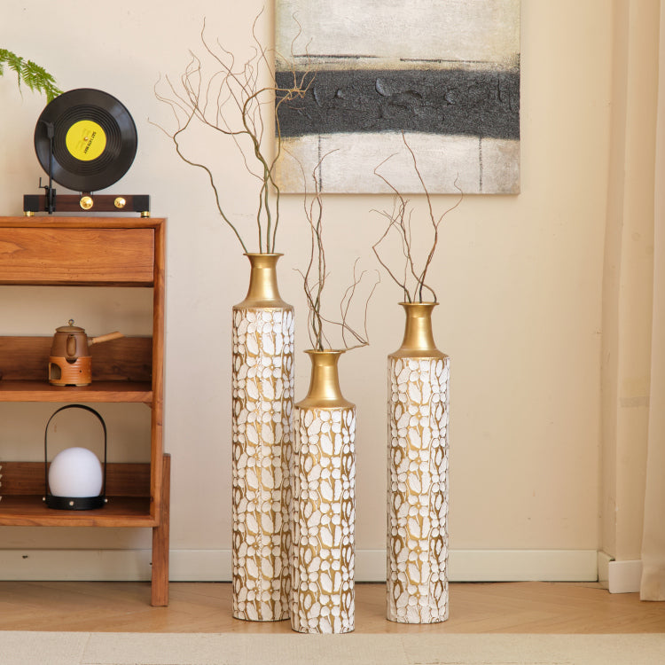 Decorative Metal Vases Set Of 3, 24 28 32.3 Inch Gold Leaf Pattern Floor Vases, White & Gold Tall Vases For Home Decor, Living Room Entryway Decor 5.31In Base Width